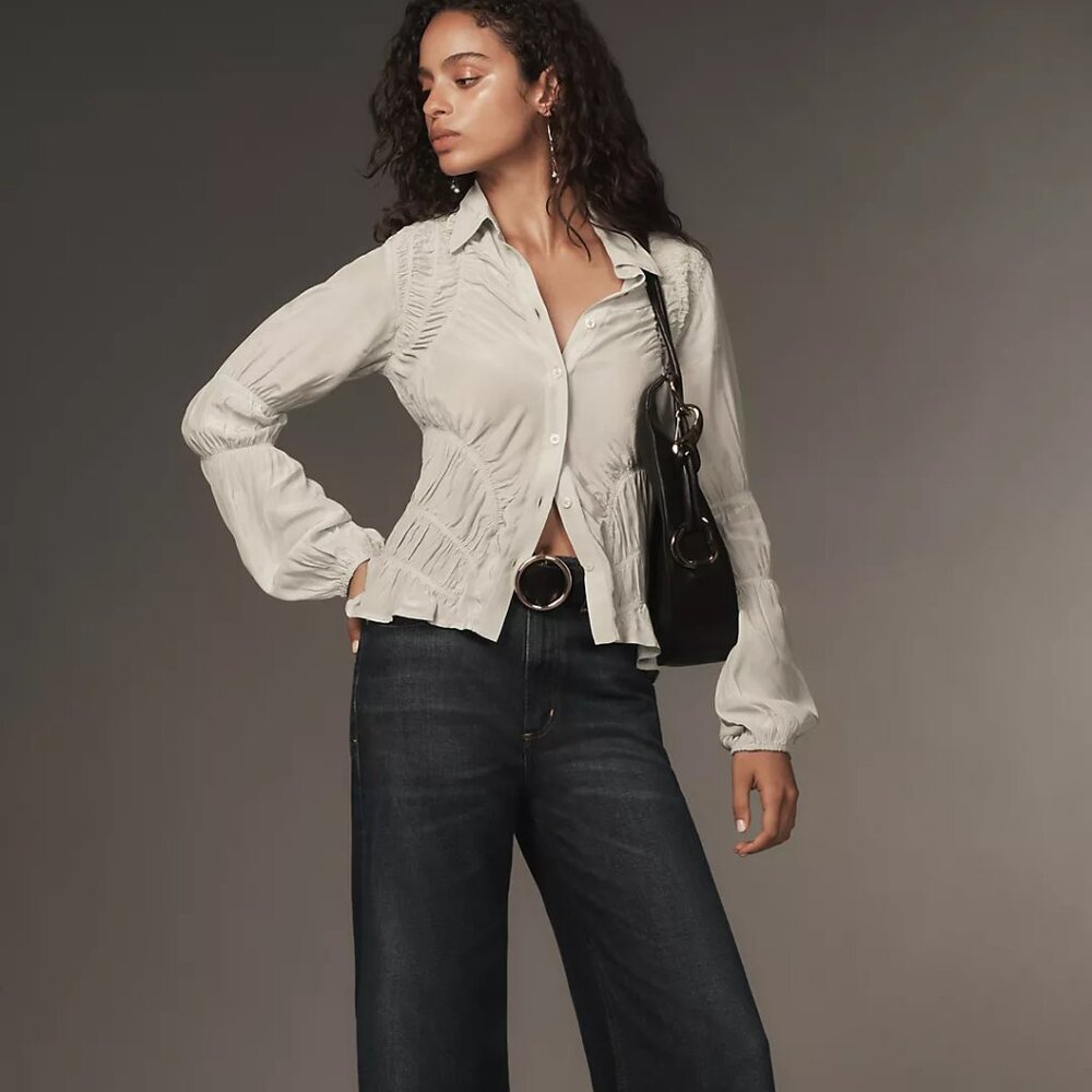 Anthropologie Long-Sleeve Shirred Button down Shirt M